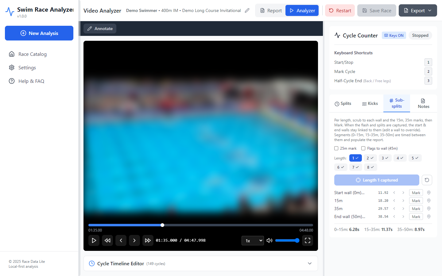 The analyzer: race video with frame-step controls, the cycle counter, and the sub-splits panel timing 0–15 m, 15–35 m and 35–50 m of a length.